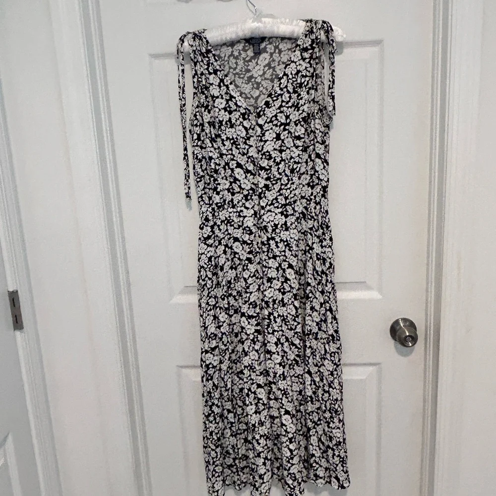 Chaps Black and White Floral Maxi Dress with Tie Straps
